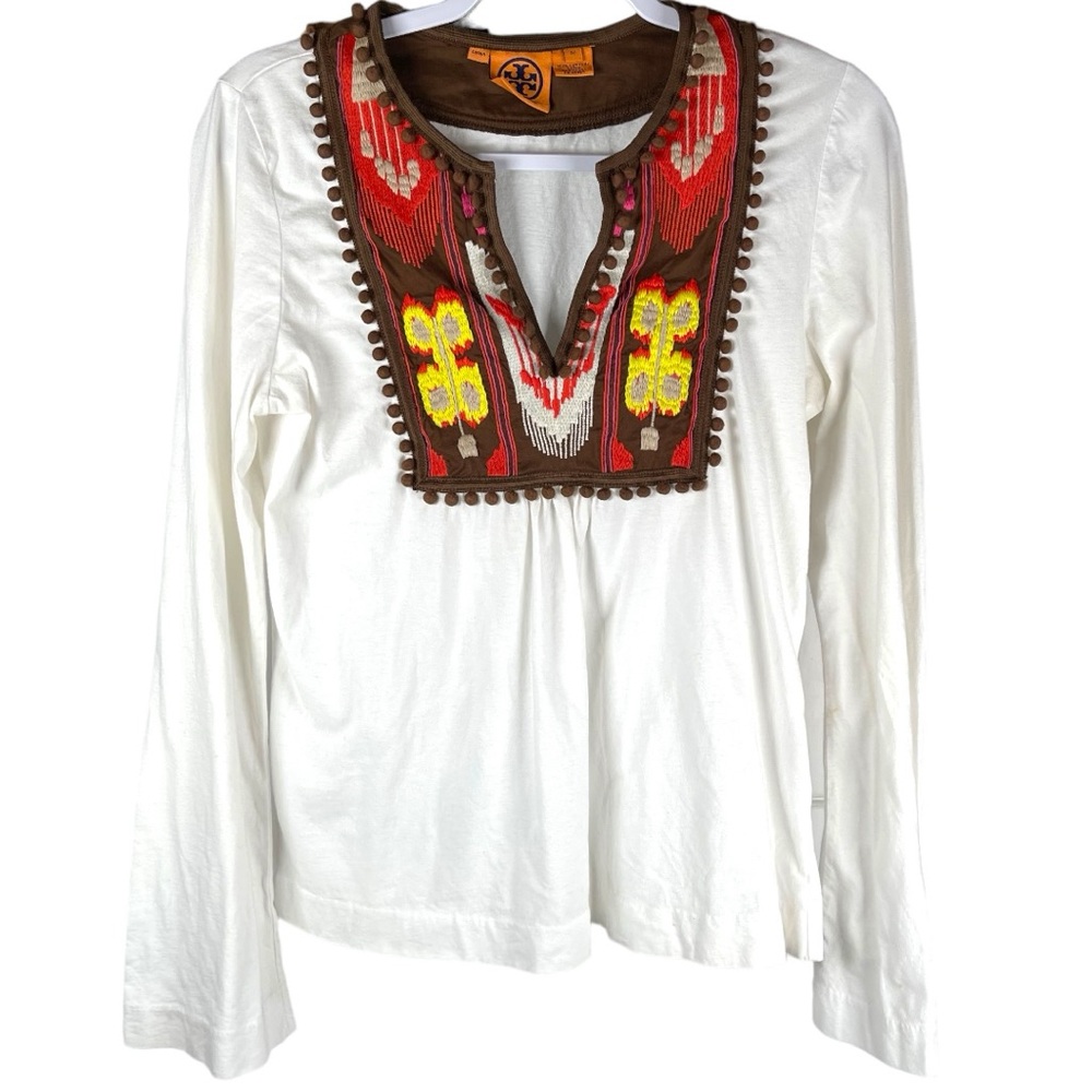 Tory Burch White Southwestern Aztec Ikat Embroidered Boho Blouse Size Medium